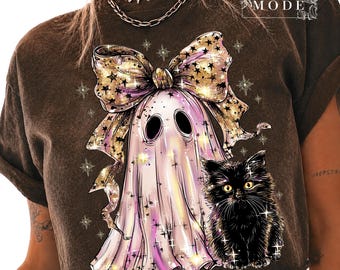 Retro-Halloween-Geist & Katze PNG: Glitzerndes Rosa, verspielt und kokett (Digitaler Download)