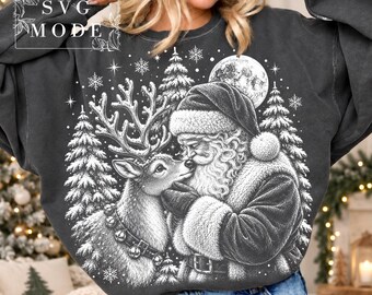 サンタとトナカイのクリスマスPNG、ビンテージサンタクロースとトナカイ、ハーフトーンクリスマス昇華デジタルファイル