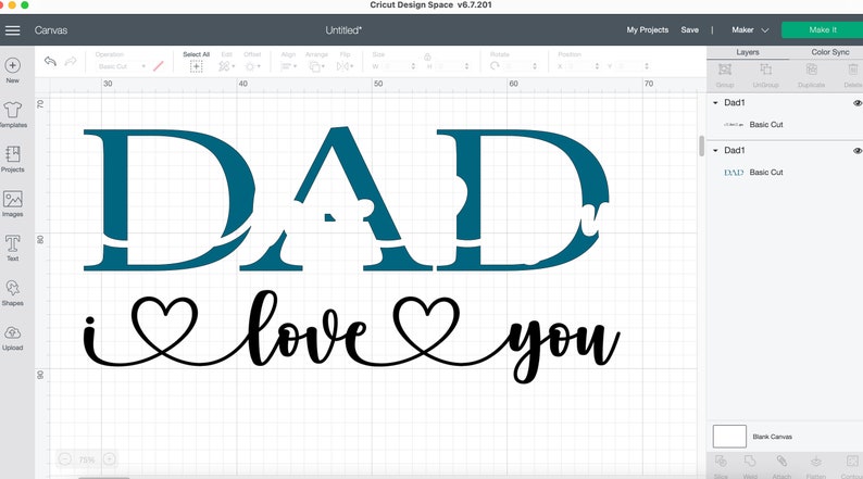 Puede incluir: Un dise&ntilde;o azul turquesa de la palabra "DAD" con un contorno blanco. Debajo de la palabra "DAD" est&aacute; la frase "i love you" en cursiva negra con un coraz&oacute;n entre las palabras "i" y "love" y otro coraz&oacute;n entre las palabras "love" y "you".