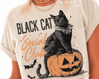 ブラックキャットソーシャルクラブ ハロウィン PNG: レトロな不気味な季節 (デジタルダウンロード)