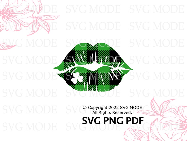May include: A green and black plaid lip print with a shamrock in the center. The lip print is a digital design for crafting projects.