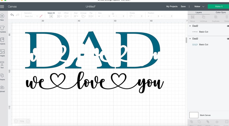 Puede incluir: Un dise&ntilde;o azul turquesa para una tarjeta o proyecto artesanal del D&iacute;a del Padre. La palabra "DAD" est&aacute; en letras grandes con un dise&ntilde;o de coraz&oacute;n dentro de cada letra. Debajo de la palabra "DAD" est&aacute; la frase "we love you" en cursiva negra con corazones.