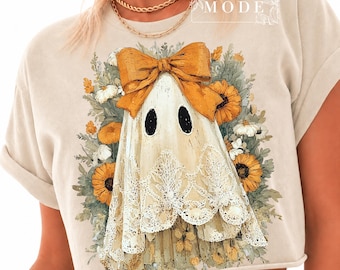 Halloween Fall Lace Ghost Png, Bow Ghost Floral Fall Png, Halloween Png, Autumn Vibes Png, Spooky Season Png Popular Now,Cute But Spooky Png