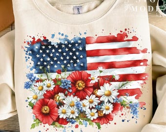 Amerykańska Flaga Kwiatowy PNG, Patriotyczny Dziki Kwiat USA Sublimacja Projekt, Boho 4 Lipca Koszulka Grafika, Mak I Stokrotka Flaga PNG