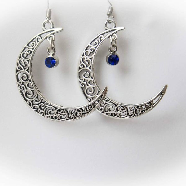 Crescent Moon Earrings, silver moon earrings, celestial witchy earrings, goth earrings, gothic jewelery, moon jewellery, birthstone earrings