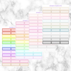 May include: Five sheets of colourful planner stickers with different coloured borders. The stickers are rectangular and have a white background. The text "Christie's Creations AU" is at the top of the sheet on the right.