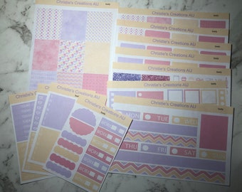 May include: A set of printable planner stickers featuring a pastel colour scheme with pink, purple, and yellow. The stickers include a variety of designs, such as boxes, circles, and a weekly planner layout with the days of the week labelled. The stickers are designed for use in a planner or journal.