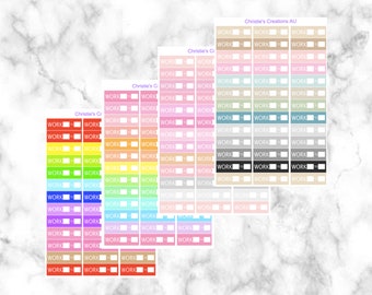 May include: A set of colorful planner stickers with the word "WORK" printed on each sticker. The stickers are arranged in rows and columns, with each row featuring a different color. The colors include red, orange, yellow, green, blue, purple, pink, and beige.