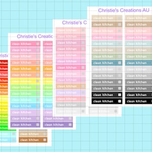 May include: A collection of colorful, rectangular stickers with the text "clean kitchen" printed on them. The stickers are arranged in rows and columns, with a variety of pastel colors and the brand name "Christie's Creations AU".