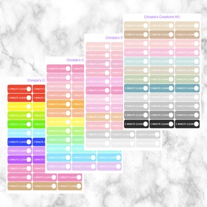 May include: A set of 10 colorful 5-minute clean timer stickers with a white circle in the center. The stickers are in various colors, including red, orange, yellow, green, blue, purple, pink, and brown. The stickers are labeled "5 Minute Clean" in white text.