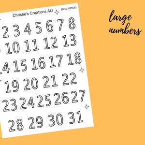 May include: A white sheet with black outlined numbers from 1 to 31, arranged in rows. The text "Christie's Creations AU" and "LARGE NUMBERS" are at the top. The words "large numbers" are written in cursive on the right side of the image.