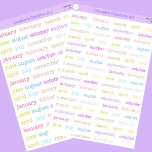 Può includere: Due fogli di adesivi rettangolari con i nomi dei mesi in vari colori. Ogni foglio mostra righe ripetute di gennaio, febbraio, marzo, aprile, maggio, giugno, luglio, agosto, settembre, ottobre e novembre in un carattere sans-serif.
