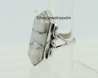 Natural Howlite Ring, Hexagon Ring, Howlite Silver Ring, 925 Silver Ring, Statement Ring, Boho Ring, Women Rings, Anniversary Ring, Her Gift