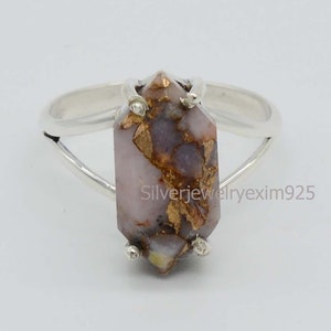 Hexagon Pink Opal Copper Ring: 925 Sterling Silver Birthstone Jewelry