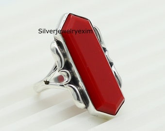 Red Coral Hexagon Ring: Bohemian 925 Sterling Silver Birthstone Jewelry