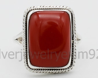 Anillo de coral rojo hecho a mano: plata de ley 925, joya de piedra grande
