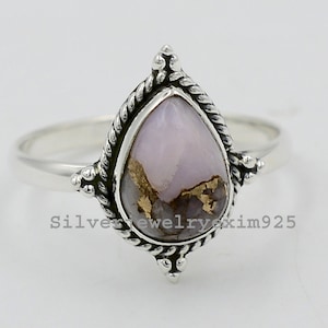 Dainty Pink Opal Copper Ring: 925 Sterling Silver Pear Gemstone