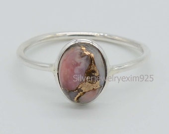Pink Copper Turquoise Ring: 925 Sterling Silver Stacking Ring