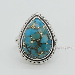 Pear Blue Copper Turquoise Ring: 925 Sterling Silver Boho Statement