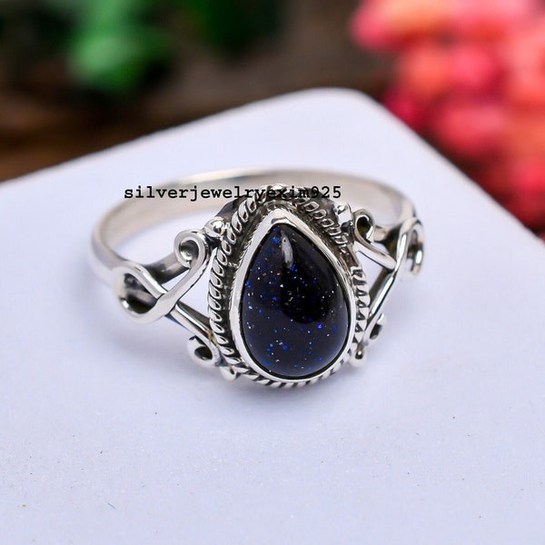 Galaxy Blue Sandstone Ring, 925 Sterling Silver Ring, Promise Ring, Shiny Goldstone Ring, Engagement Ring, Gift For Women, Sandstone Jewelry