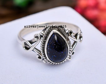 Galaxy Blue Sandstone Ring, 925 Sterling Silver Ring, Promise Ring, Shiny Goldstone Ring, Engagement Ring, Gift For Women, Sandstone Jewelry