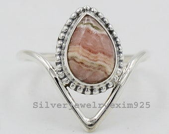 Anillo de rodocrosita rosa, anillo hecho a mano, anillo de plata de ley 925, anillo boho, regalo para esposa, anillo de dama de honor, joyería para mujer, anillos nupciales.