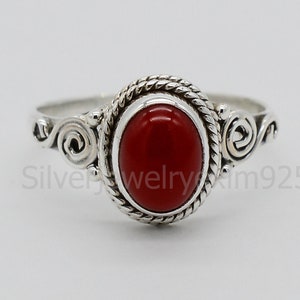 Oval Red Coral Ring: Sterling Silver Gemstone Jewelry