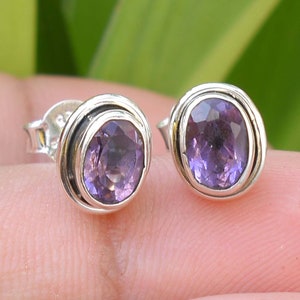 Natural Amethyst Stud Earring, 925 Silver Stud, Gemstone Jewelry, Tiny Stud, Dainty Stud Earring, February Birthstone, Womens Stud Earring.