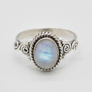 Moonstone Ring | Moonstone Engagement Ring | Rainbow Moonstone Ring | 7x9 mm Oval Moonstone Ring | Sterling Silver Moonstone Ring