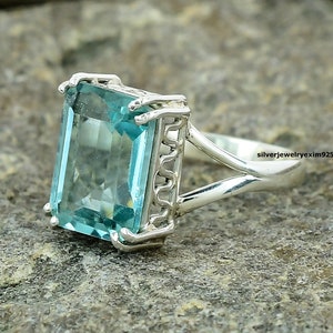 Emerald Cut Aquamarine Ring: Sterling Silver March Birthstone