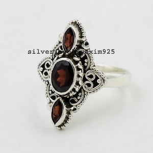 Natural Red Garnet Sterling Silver Ring: Antique Boho Statement Jewelry