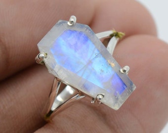 Rainbow Moonstone Coffin Ring | 925 Sterling Silver Ring | 10x17 mm Rainbow Moonstone Ring | June Birthstone Ring | Coffin Gemstone Ring