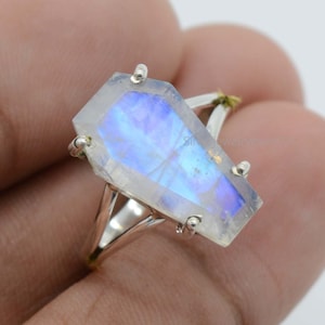 Rainbow Moonstone Coffin Ring: 925 Sterling Silver, June Birthstone