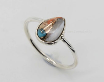 Oyster Copper Turquoise Sterling Silver Ring - Pear Stone Statement Ring