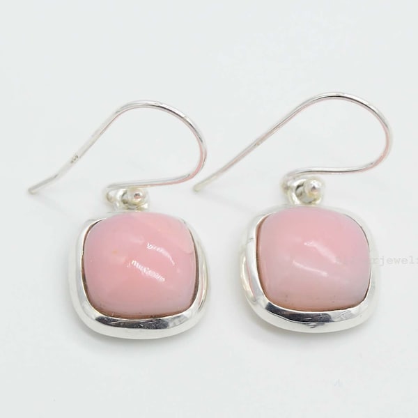 Pink Opal Earrings, 925 Sterling Silver Earrings, 10mm Cushion Pink Opal Earrings, Drop Earrings, Earrings For Her, Gemstone Earrings.