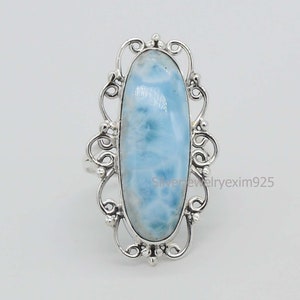Ocean Blue Larimar Ring, Statement Ring, Natural Larimar Ring, Handmade Ring, 925 Sterling Silver Rings, Sea Blue Larimar Ring, Women Rings.