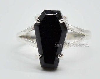 Bague cercueil noire, bague en argent sterling 925, bague en argent faite main, bague avec pierres précieuses, bague de fiançailles, bague tendance, cadeau pour elle, bague en argent