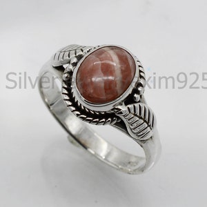 Handmade Sterling Silver Rhodochrosite Ring: Leaf Design