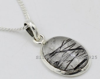 Black Rutile Quartz Pendant: Handmade 925 Sterling Silver Gemstone Jewelry