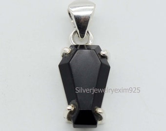 Colgante de ónix negro tipo ataúd: collar de plata de ley, piedra natal de diciembre