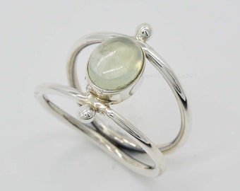 Handgefertigter Oval Prehnit Ring: Edelstein 925 Sterling Silber