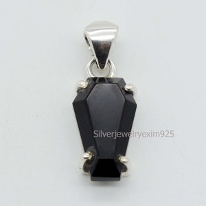 Coffin Black Onyx Pendant: Sterling Silver Necklace, December Birthstone