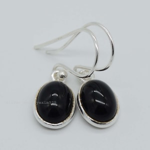 Oval Black Onyx Drop Earrings: 925 Sterling Silver, December Birthstone