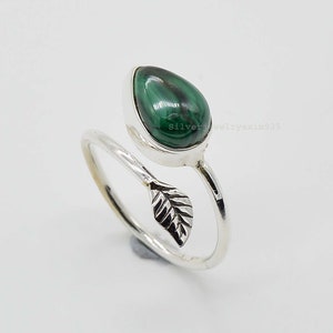 Pear Malachite Ring: Handmade Oxidized Sterling Silver Leaf Ring