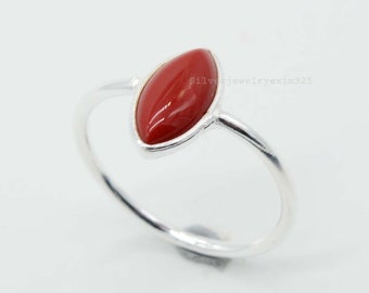 Anillo de coral rojo marquesa: anillo de plata de ley apilable con piedras preciosas