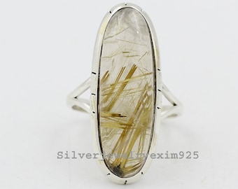 Golden Rutile Quartz Ring: Handmade 925 Sterling Silver Bohemian Jewelry