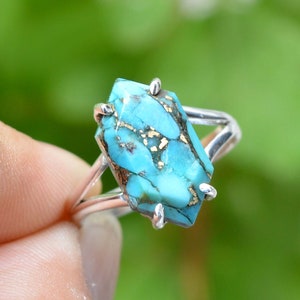 Anel de cobre azul turquesa hexagonal feito à mão, prata esterlina