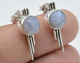 Blue Lace Agate 925 Sterling Silver Stud Earrings
