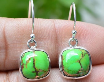 Pendientes de turquesa y cobre verde: pendientes colgantes de plata de ley