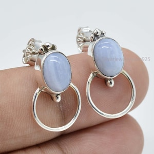 Blue Lace Agate Earrings, Gemstone Jewelry, Stud Earrings, Gift For Wife, 925 Silver Earring, Women Earring, Stud Jewelry, Handmade Earring.